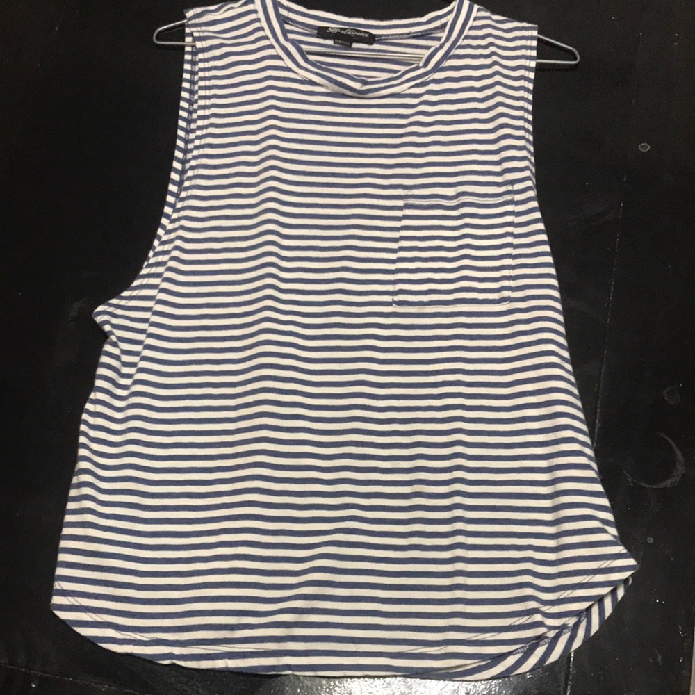 Madewell Navy and White Striped Sleeveless Pocket Tank